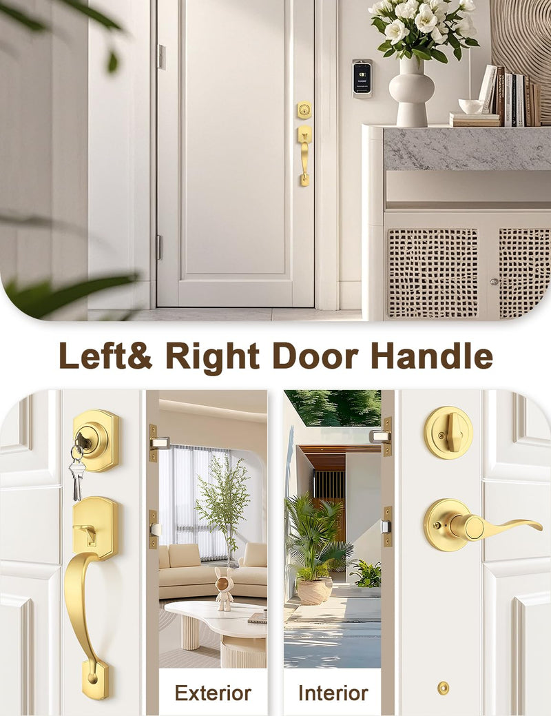 Camelot Brushed Gold Front Door Handle and Deadbolt Set, Front Door Lock Set, Satin Brass Finish, Upgated Entry Door Handle with Accent Wave Door Lever with Reversible Handle Lever, 1 Pack Gold - Deadbolt Set2