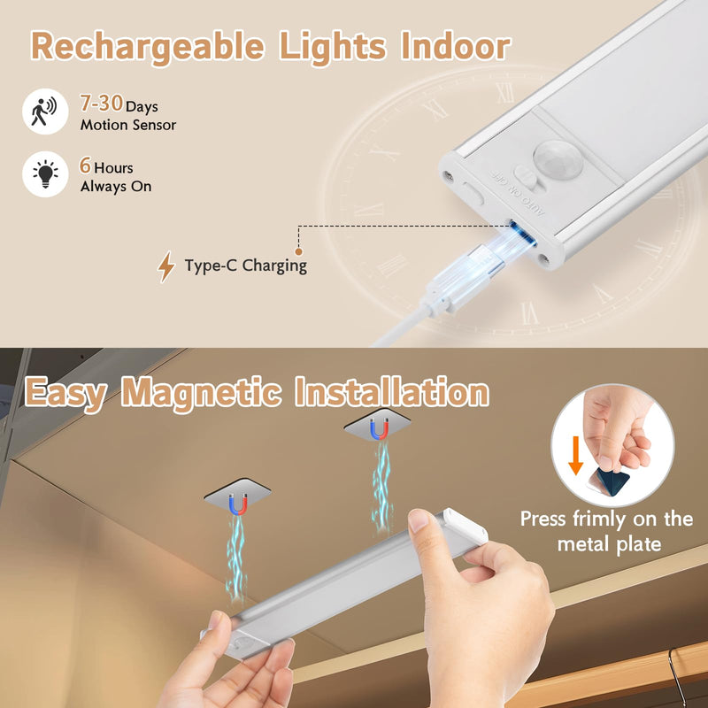 Under Cabinet Lighting Wireless, 4Pack Motion Sensor Light Indoor with 3 Color Temps, Dimmable Closet Lights Battery Operated, LED Magnetic Light, Rechargeable Under Counter Lights for Kitchen Home 8inch-4Pack