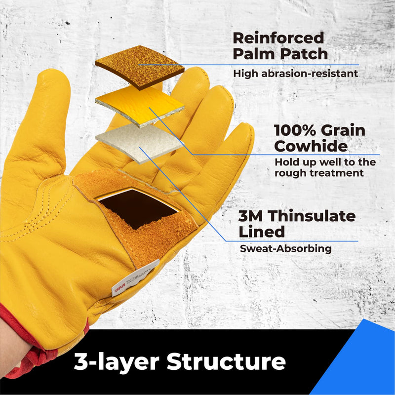 toolant Winter Leather Work Gloves, Warm 3M Thinsulate Lining for Cold Weather Work, Thermal Insulated Gloves Yellow - Winter Version (2 Pair) Large