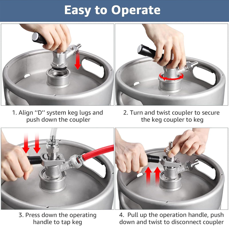 All 304 Stainless Steel Keg Coupler, Commercial Sankey Kegerator D System Keg Tap Dispenser for I.D 5/16'' Draft Beer Line Gas Brewing Tubing with Check Valve Sealing Washer Hose Clamp All 304 Stainless Steel