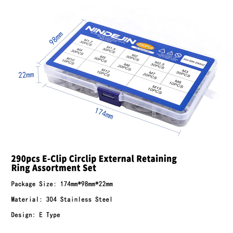 NINDEJIN E-Clip Retaining Rings Assortment Set, 304 Stainless Steel External Snap Ring Clip Kit, 1.2-15mm(13Sizes)E Circlip Retainer Rings for Projects–Car Engines, Locking Mechanisms and Other Shafts E-Clip 304 Stainless Steel