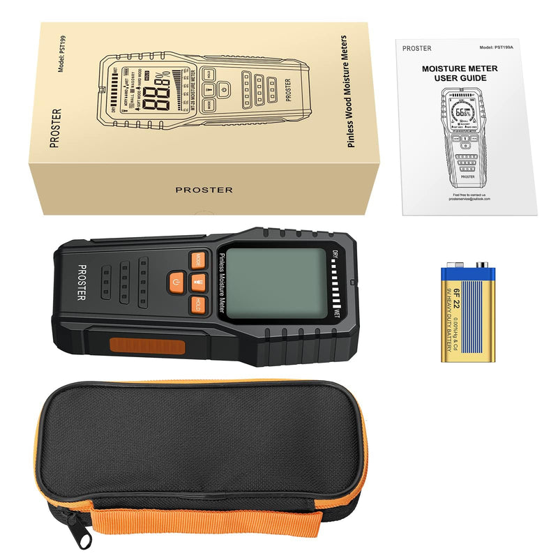 Proster Pinless Wood Moisture Meter - Non Destructive Moisture Tester for Wood Wallboard Masonry, Detect up to 3/4 Inch Below Surface, Backlit Color LCD, Visual Audible Alarm BLACK