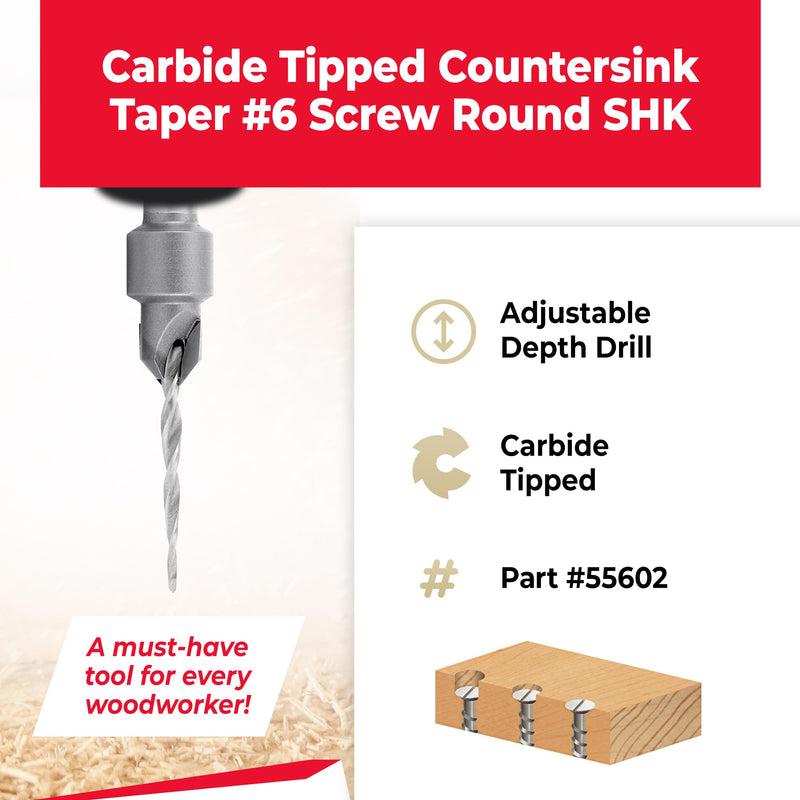Amana Tool Carbide Tipped 82 Degree Countersink Tapered Drill Bit, 55602, 6 Screw, 3/8 Dia x 1/8 Drill Dia x 5/16 Round Shank
