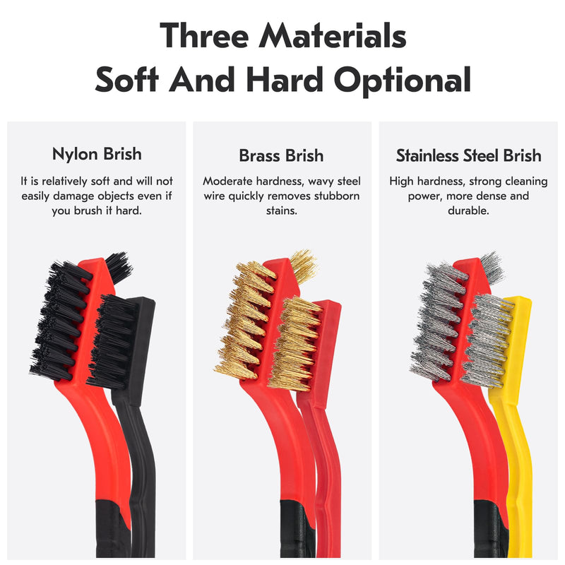 Wire Brush Set 6Pcs, Stainless Steel/Brass/Nylon/Bristle Brushes for Cleaning Rust, Scrub Removal Paint and Grout - 7 Inches