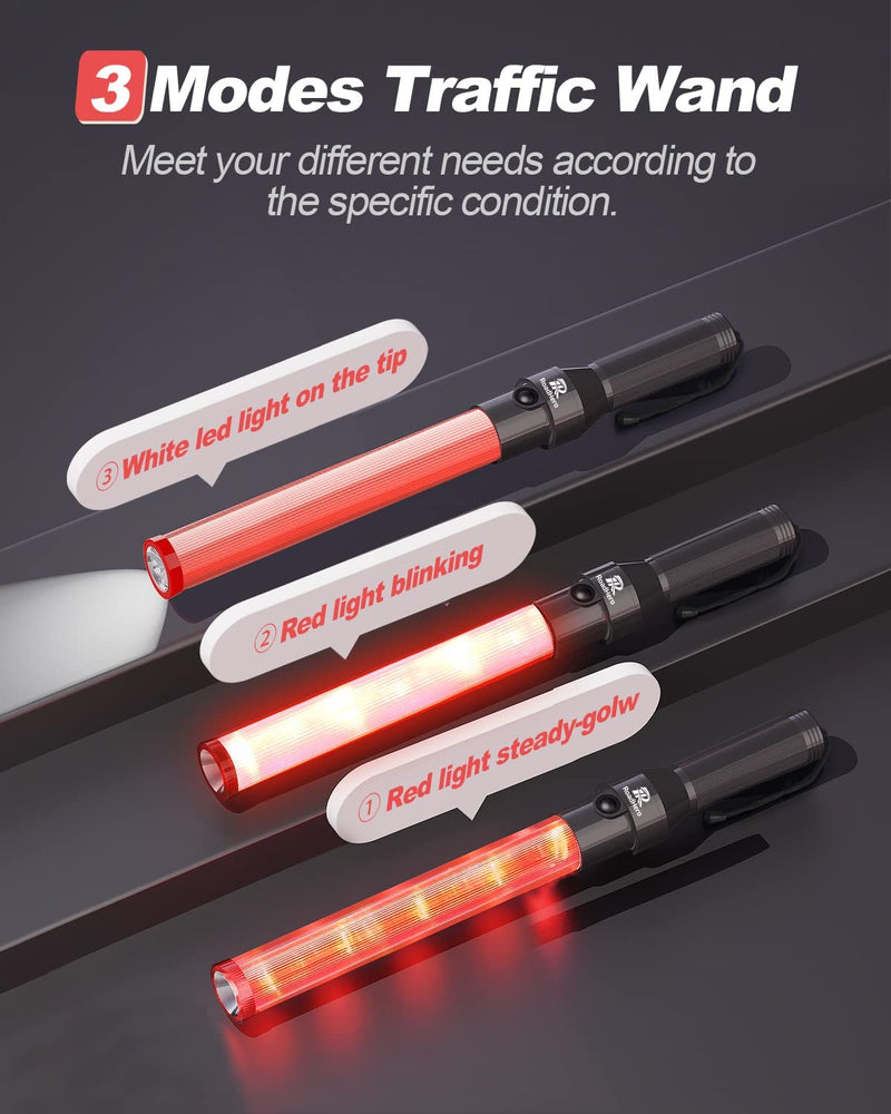RoadHero 2 Pack Traffic Wand, 16 Inch Led Traffic Control Wands with 3 Flashing Modes, Air Marshaling Signal Wand Plus White LED on Tip for Airport, Parking, Car Directing 2 Pack of 16 inch