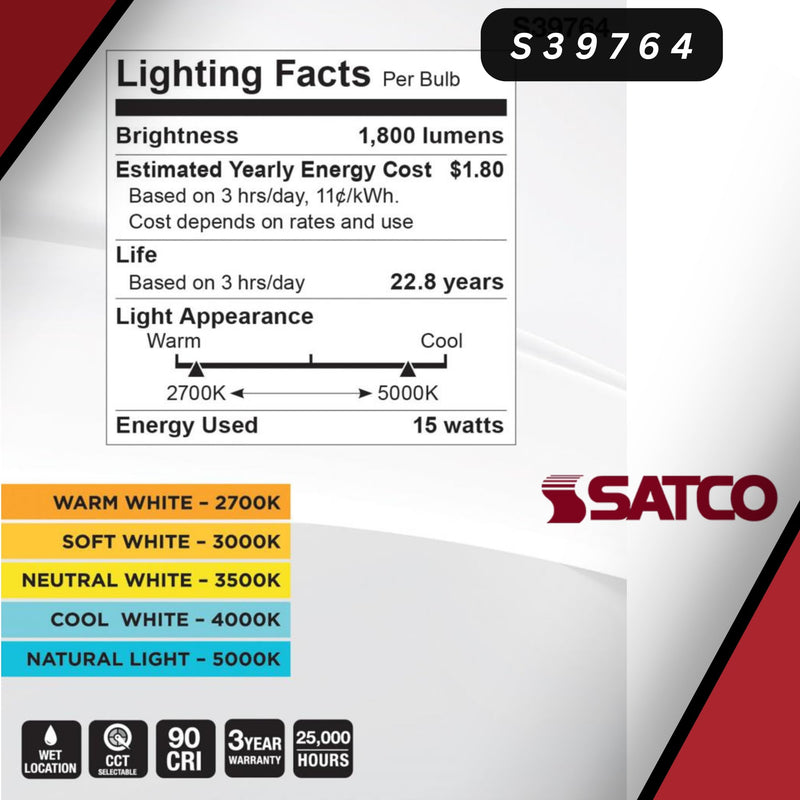 Satco S39764 15 Watt PAR30 Long Neck LED Reflector Light Bulbs High Lumen 27K/30K/35K/40K/50K CCT Selectable E26 Medium Base 120-277 Volt Wet Location Non-Dimmable (2 Pack)