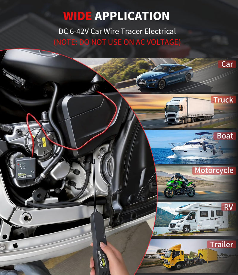 EM415Pro Wire Tracer Electrical Automotive Open & Short Finder, VEHLIVE 6-42V DC Circuit Tester Automotive Circuit Breaker Finder Fault Probe Wire Tracker Electrical Cable Tracer for Car, Boat,Trailer