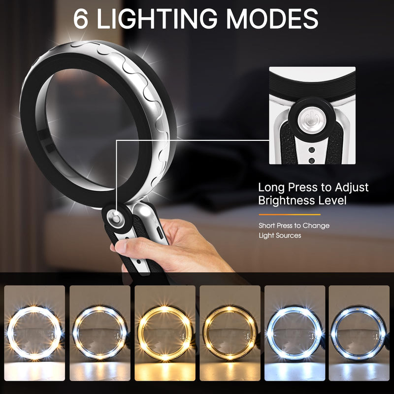 45X Magnifying Glass with Light, 4.6 Inch 1200mAh USB Rechargeable, 6 Lighted Modes, Large Handheld Magnifier for Low Vision Seniors with Macular Degeneration, Reading, Jewelry, Coins - Black