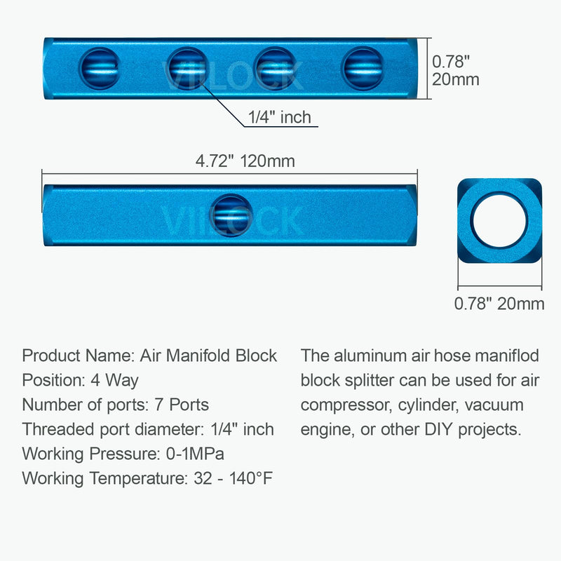 2Pcs Aluminum Block 1/4"PT, Pneumatic Manifold Air Distribution Block, Air Compressor Manifold Fitting (4 Way 7 Port) 4 Way 7 Port
