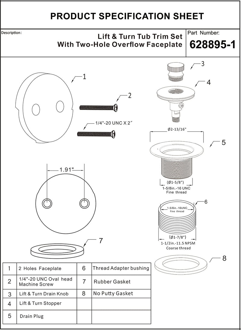 Matte Black Lift & Turn Tub Trim Set with Two-Hole Overflow Faceplate and No Putty Gasket, Bathtub Conversion Kit Assembly with Universal Fine/Coarse Thread, No Putty Installation by Artiwell Matt Black