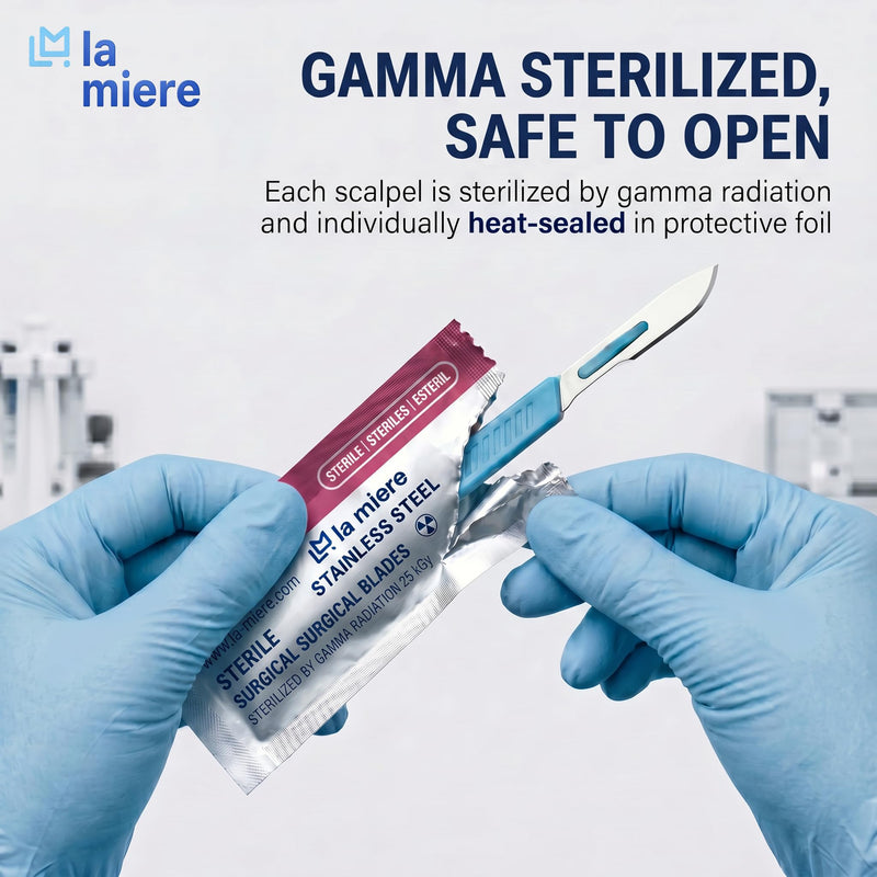 LA MIERE 10-Pack Disposable Surgical Scalpel (#22) Knives, Sterile Stainless Steel Blades, Plastic Handles, Individually Foil Wrapped #22