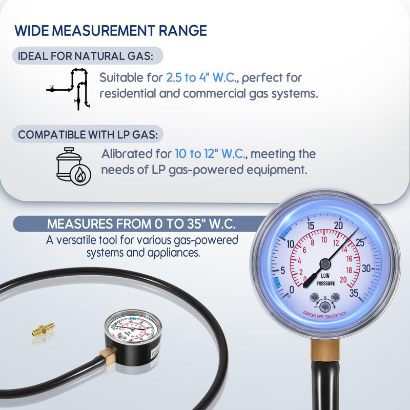 Natural Gas or LP Gas Manifold Pressure Test Kit, Natural Gas Meter, LP Gas Pressure Tester, 0-35" W.C., 1/8" NPT, 40" Length Hose, Replacement for Measureman