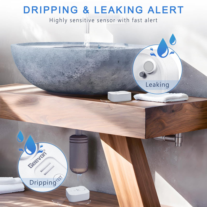 Geevon 2 Pack Water Leak Detectors for Home, 100dB Loud Water Sensor Alarm Leak Detectors with Drip Alert for Kitchen, Basements, Laundry Rooms, IP56 Waterproof(Battery Included) Water Drip & Leak Sensors 2 Pack