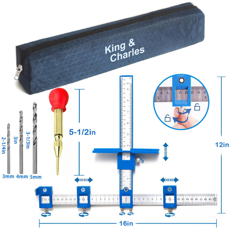 King&Charles Cabinet Hardware Jig, Cabinet Handle Jig + Automatic Hole Punch + Point Drill Bits, Cabinet Jig for Handles and Pulls on Drawers/Cabinets, Cabinet Hardware Template Tool Perfect Set. ABS