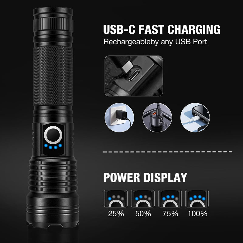 Rechargeable Flashlights 90000 High Lumens - 2 Pack, Super Bright LED Flashlight Rechargeable with 5 Light Modes, High Powered & IPX7 Waterproof Flash Light for Camping, Home