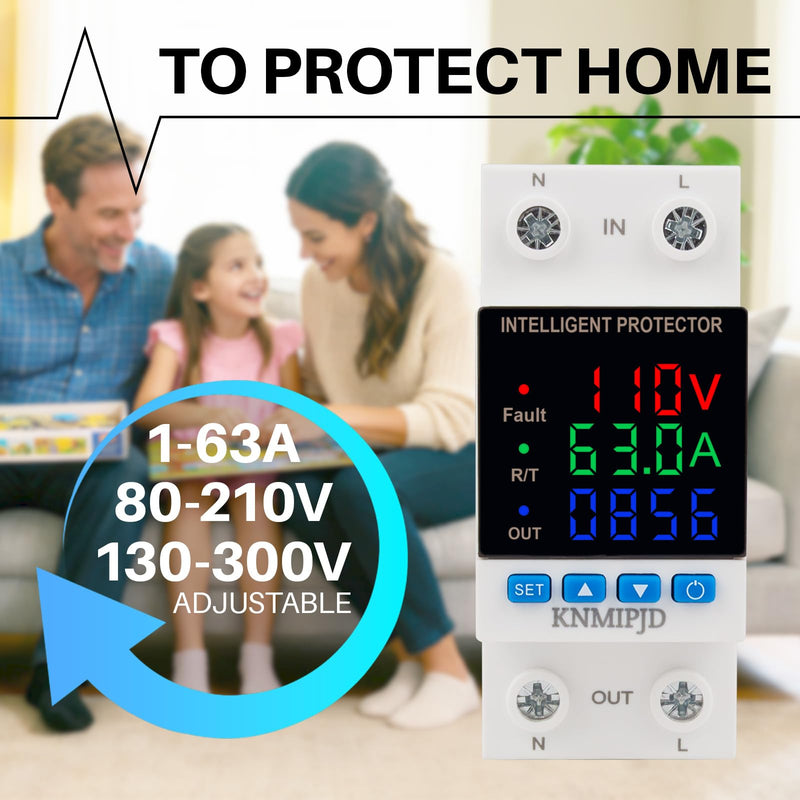 Adjustable Voltage Protector 110/230VAC 2P 63A Smart Breaker Adjustable Over Under Voltage Protection Three LED Display Voltage Current Electric Energy Intelligent Relays Reset Prote