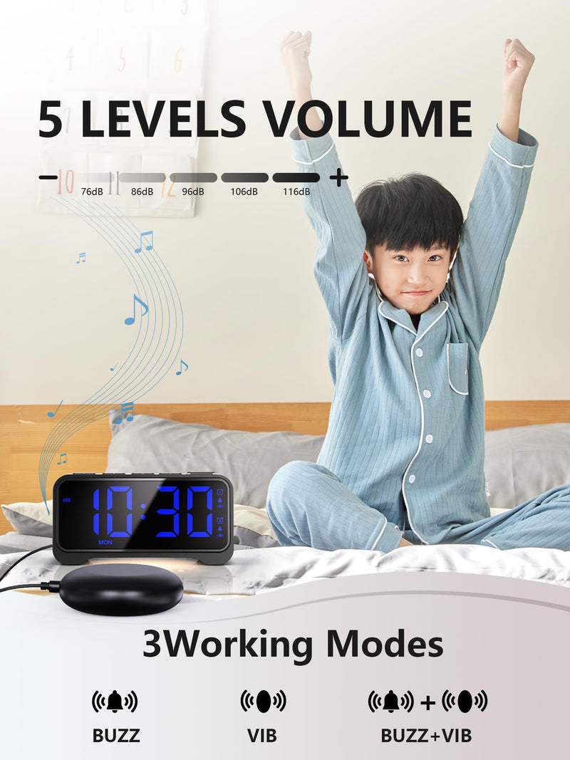 Mesqool Extra-Loud Alarm Clock with Bed Shaker for Heavy Sleepers, Vibrating & Buzzer Modes, Dual Alarms, USB Charging, Snooze & Battery Backup for Adults, Teens, Seniors Blue Digits With Bed Shaker