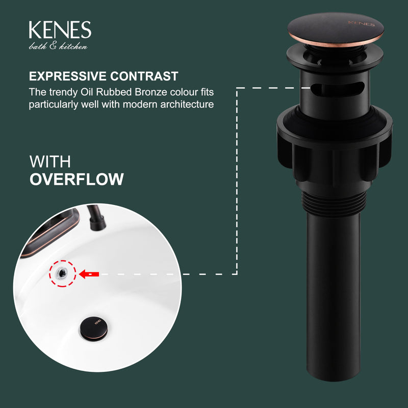 KENES Oil Rubbed Bronze Pop Up Sink Drain, Bathroom Vessel Lavatory Vanity Faucet Sink Drain Stopper, Sink Drain Assembly with Overflow Anti Clog Pop Up Drain Oil-rubbed Bronze