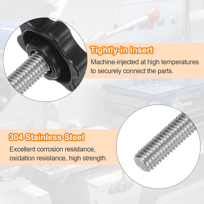 HARFINGTON 10pcs Star Knobs M8 x 16mm 304 Stainless Steel Threaded Stud 32mm Plastic 6-Star Head Hand Tightening Thumb Screw Clamping Jig Knob Handle, Black M8 x 16mm x 32mm