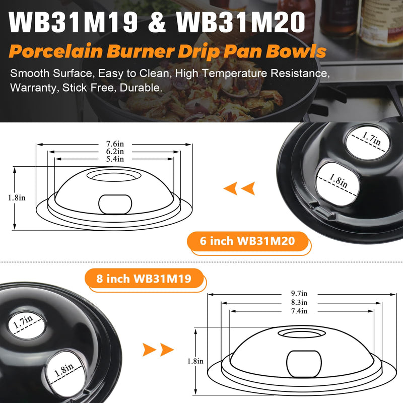 WB31M20 WB31M19 Porcelain Drip Pans by Blutoget - Compatible for GE Hotpoint Range Cooktop - Includes 2 6-Inch and 2 8-Inch black Drip Pans - 4 Pack (Black Porcelain)
