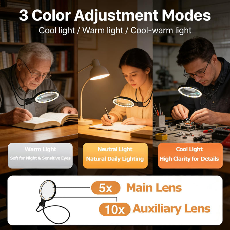 Magnifying Glass with Light - 5.4 in Hands Free Magnifying Glass for Reading, Lighted Magnifying Glass with 30 Led Lights, Flexible Gooseneck Magnifiers for Close Work Reading Sewing Senior