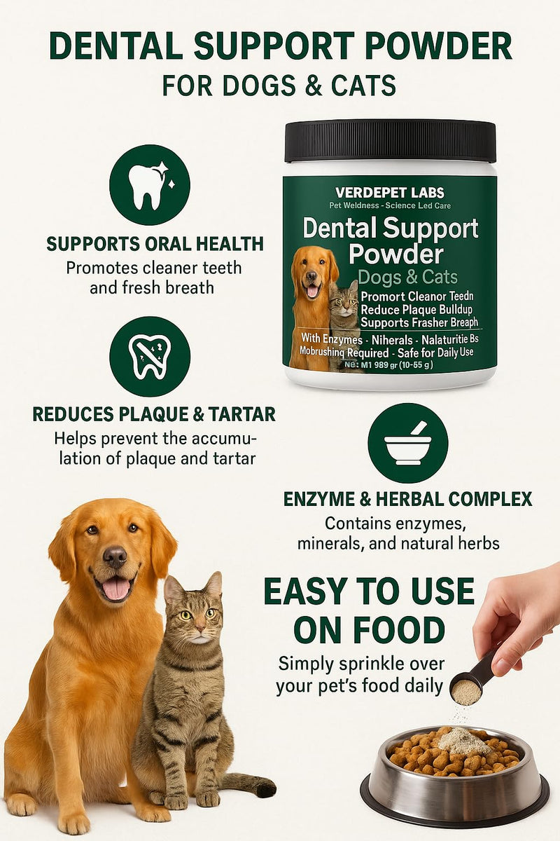 Large 10.6 oz Dog & Cat Dental Powder – Fresh Breath, Plaque & Tartar Support – Easy Sprinkle on Food- Oral Care Formula.