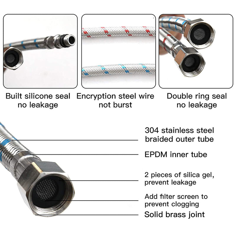 24 Inch Long Faucet Connector, 2Pcs Faucet Supply Lines, Kitchen Sink Toilet Hose Braided Stainless Steel Supply Hose 3/8" Female Compression Thread x M10 Male Connector (1 Pair) 24 Inch