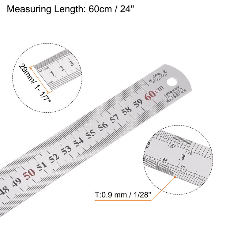 HARFINGTON 2pcs Stainless Steel Ruler 60cm/24 Length x 1/28" Thick x 1-1/7" Wide Inch and Metric Straight Edge Measuring Tools for Woodworking Painting Craft, Silver Tone 24"x1/28"x1-1/7" 2