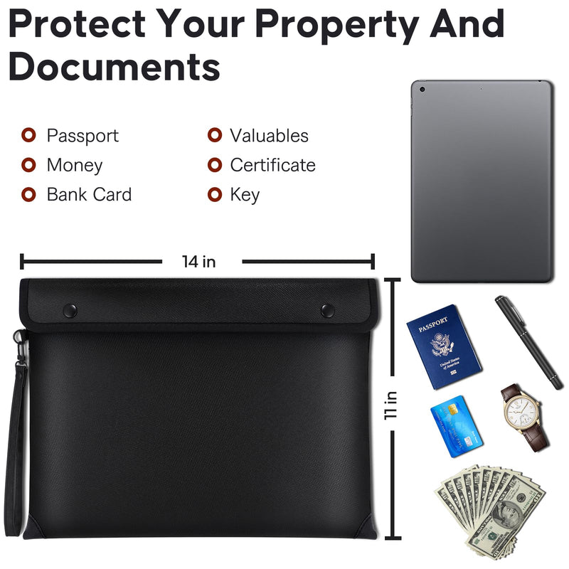 6500℉ Real Fireproof Document Bag, Wallet with Fire Proof Zipper, 8 Layer Material, Envelope Bag for A4 Size Documents, Id Card Black