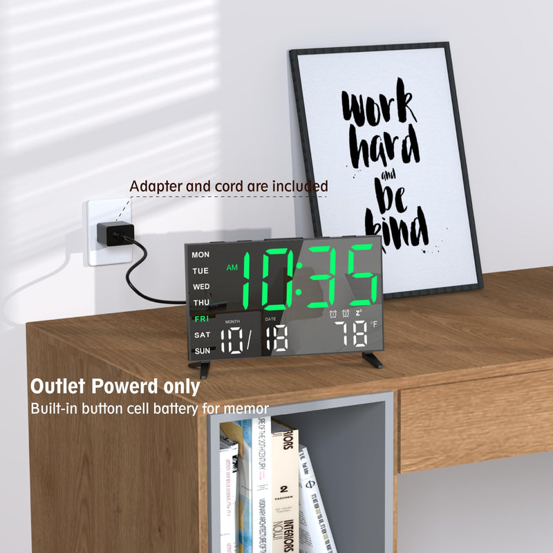 Mirror Digital Loud Alarm Clock with with Date,Indoor Temperature,USB Charging Port,Dimmer,Adjustable Volum,12/24H,Snooze,Dual Alarms (Weekday/Weekend),Perfect for Bedroom and Living Room Black+green Digit