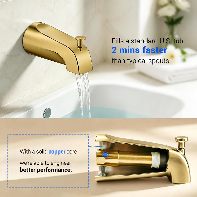 Tub Spout with Diverter, Heavy Duty All Metal Bathtub Faucet with Brass,Shower Slip-on Bathtub Faucet for 1/2 Inch Copper Pipe,5-3/8 Inch Bath Tub Faucet Replacement,Brushed Gold Brushed Gold