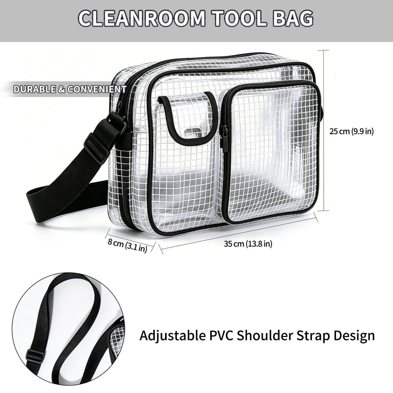 Anti-Static Cleanroom Engineer Bag（Fabric Shoulder Straps, 3 Pockets）- 13.8 Inch Transparent PVC Tool Bag for Work Travel and Daily Use Black 2