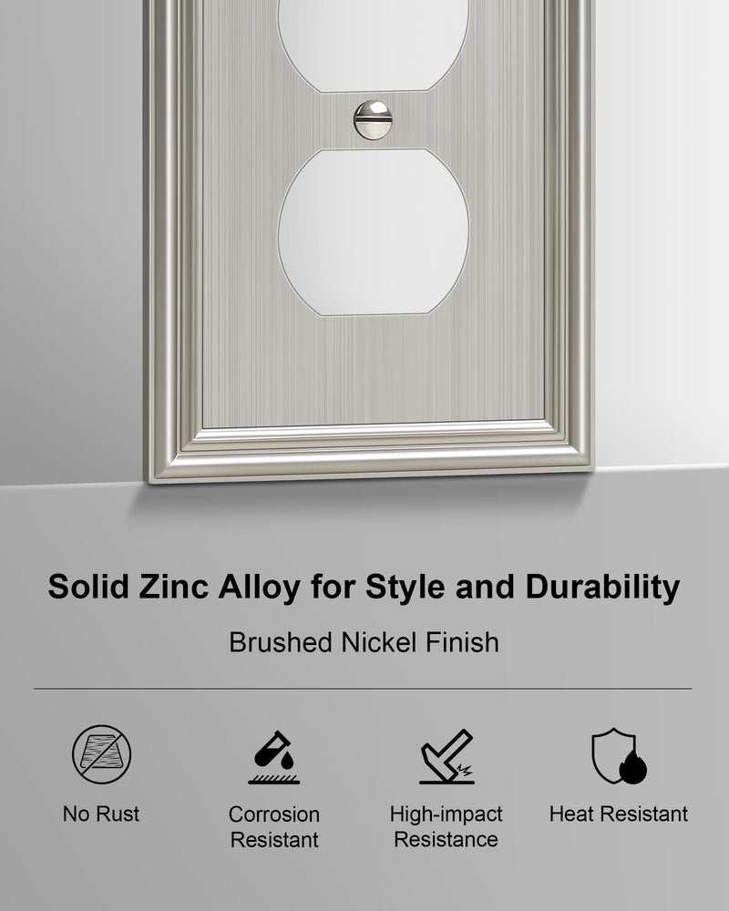 4-Pack Duplex Outlet Cover, Durable Solid Zinc Alloy Decorative Switch Plates and Outlet Covers, Brushed Nickel Wall Plates for Electrical Outlet, 1 Gang Receptacle Cover, Corrosion Resistant 1 Duplex 4PK
