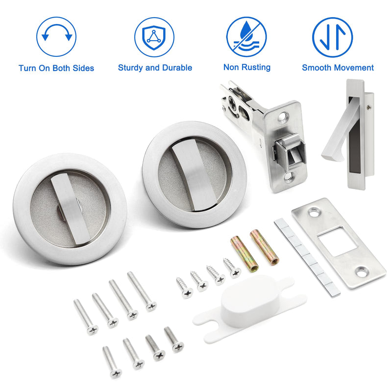 Dontay Pocket Door Passage Latches Lock,Flush Double Sided Rotation,Privacy (Bed/Bath) Latch,Large Lever,Hardware for 1 3/8" to 2 3/16" Sliding Door & Bathroom Doors (Brushed Nickel, Round - 2 Set) Brushed Nickel