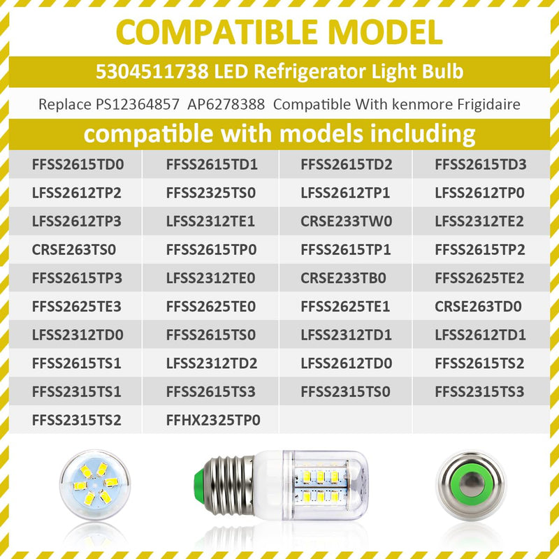 KEI D34L Refrigerator Bulb Replacement for Frigidaire Kenmore Electrolux 5304511738 LED Refrigerator Replace PS12364857 AP6278388 4584444 (110V-240V 3.5W White Light) - 2 Pack 2pcs