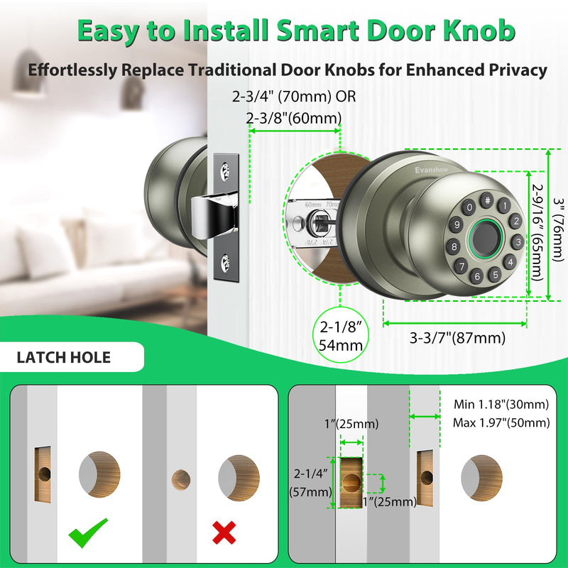 Smart Door Knob Fingerprint Door Lock 4-in-1 Keyless Entry (Fingerprint/App/Code/Key) with Auto-Lock Easy Install for Home/Bedroom/Office-Silver Silver