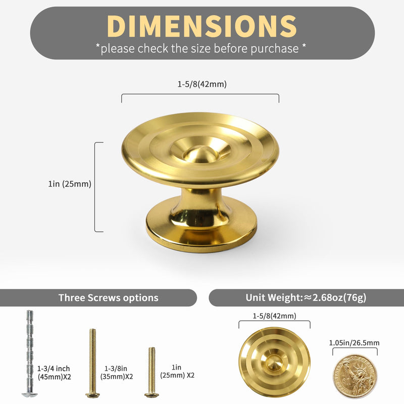 4 Pack Solid Brass Gold Sunburst Cabinet Knobs, 1.65-Inch Oversized Round Drawer Pulls, Modern Dresser Handles for Bathroom Vanity, Kitchen, Cupboard and Furniture Hardware, Brushed Brass Finish 1.65 Inch 4