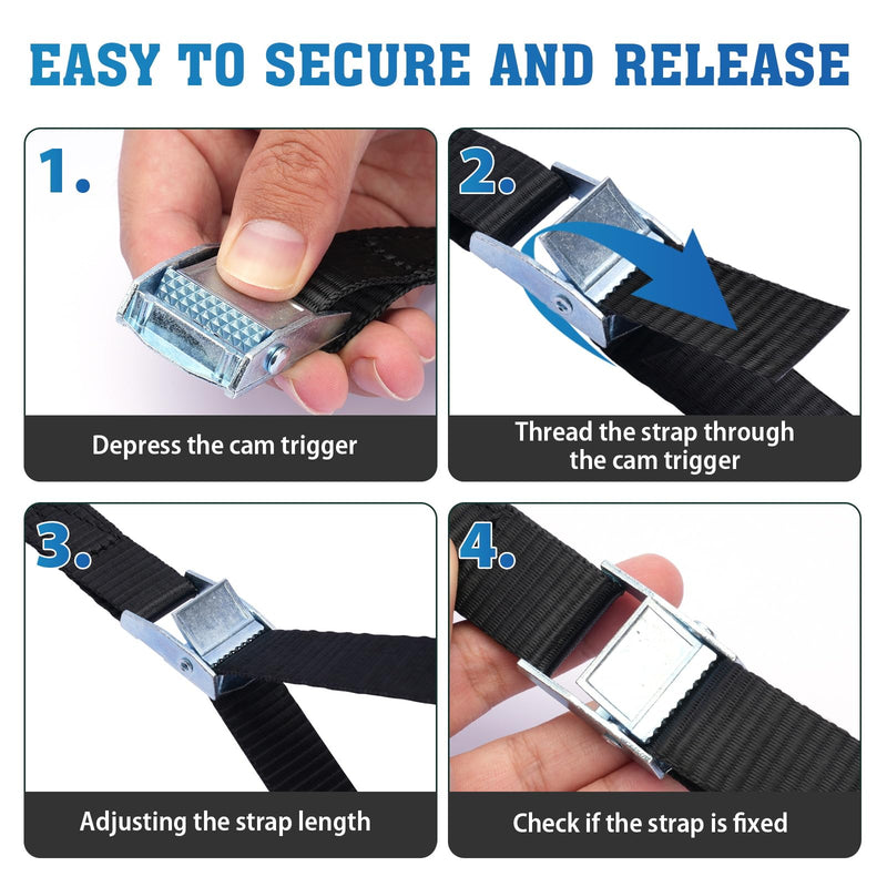 Lashing Straps,1" x 10Ft Adjustable Cam Buckle Tie Down Cinch Strap for Packing Black 4 Pack,Packing Straps Heavy-Duty for Cargo/Luggage/Kayak/Truck/SUV/Car Roof Rack XK25mm*3000mm*4pcs