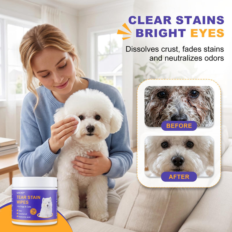 Tear Stain Remover Wipes for Dogs & Cats, Extra Thick Dog Eye Wipes with Coconut Oil, Probiotics & Aloe - Natural Pet Face Wipes for Stains, Odors & Folds - pH Balanced, 120 Count