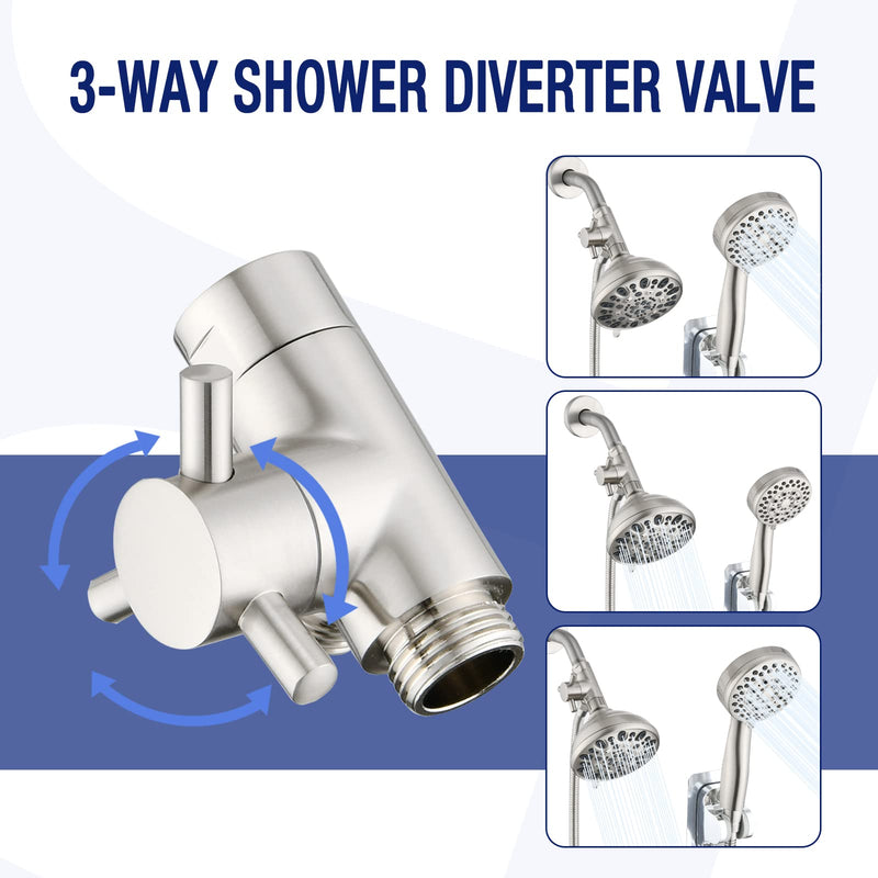 PDPBath Brass 3 Way Shower Arm Diverter Valve for Handheld Shower Head and Fixed Shower Head, G1/2 Universal Connection - Brushed Nickel