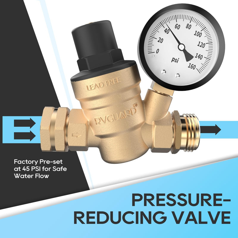 RVGUARD RV Water Pressure Regulator Valve, Lead-Free Brass Adjustable Water Pressure Reducer with Gauge and Inlet Screen Filter for RV Camper Travel Trailer