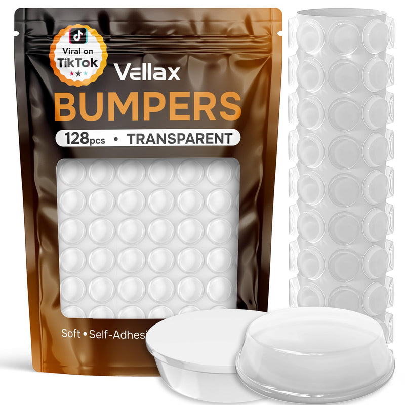 Vellax Cabinet Door Bumpers 128 Pcs - 1/2” Diameter Clear Self Adhesive Pads, Cabinet Stoppers, Rubber Bumpers for Drawers, Cupboards, Cutting Boards, Glass Tops, Picture Frames, Kitchen Furniture 128 pcs - 0.5" x 0.14"