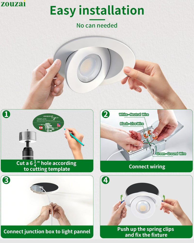 zouzai 6 Inch Gimbal LED Recessed Lights, White, 1 Pack, with Junction Box, 360°+ 90° Adjustable, 5CCT 2700K-5000K, Dimmable, Canless Eyeball Downlight, CRI90+, 1700LM 15W 120V, ETL White-6 inch