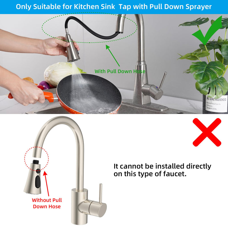 Hibbent Pull Down Kitchen Faucet Head Replacement, 3-Function Kitchen Faucet Head Sink Spray Nozzle with 12 Adapters Compatible with Moen, American Standard, Delta, Kohler Faucets, Brushed Nickel High-quality Plastic with 12 Adapters