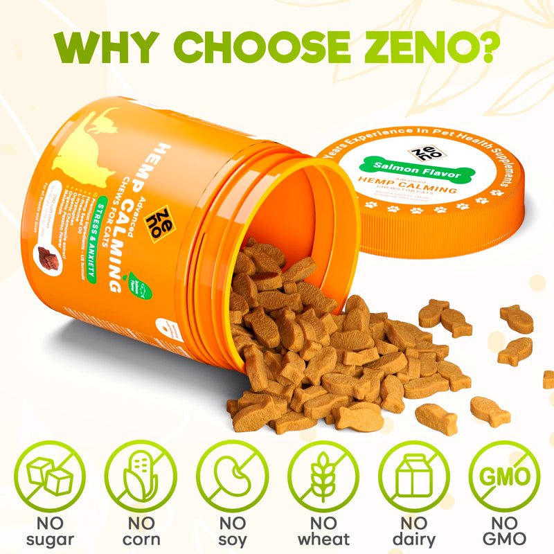 ZENO Hemp Calming Chews for Cats Anxiety 200 pcs - for Travel, Stress, Check-up, Barking or Grooming - Feline Anxiety Relief - Cat Calming Treats - Salmon