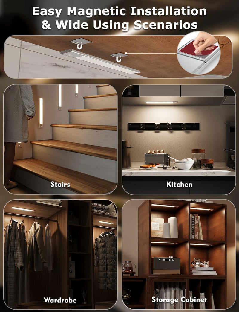 56LED Under Cabinet Lighting Wireless w/Remote, 11.8'' Motion Sensor Light Indoor Rechargeable Under Cabinet Lights, Magnetic Closet Lights Battery Operated, Under Counter Lights for Kitchen (4) 11.8 Inch 4