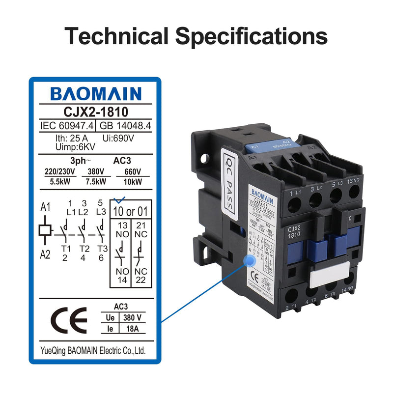Baomain 3-Pole AC Contactor CJX2-1810 – 24VAC Coil, 3NO+1NO Auxiliary, 660V 3-Phase, DIN Rail Mount,for Motor Starters, Pumps, and Industrial Control Panels 1 AC 24V