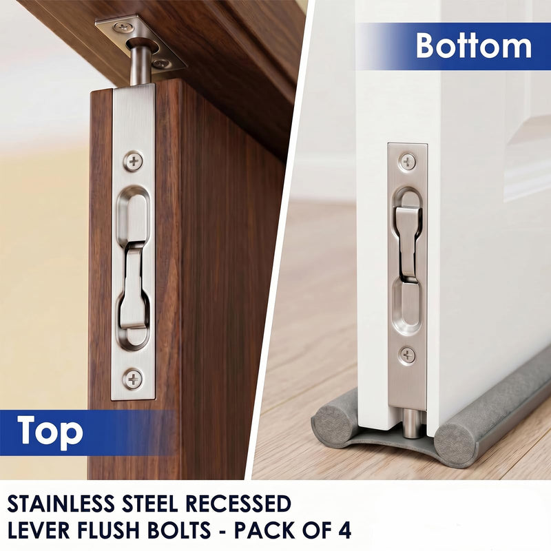 French Door Lock, 6 Inch Heavy Stainless Steel Flush Latch Bolts, Concealed Security Double Door Lock for Inactive Leaf, Double Door Opening and Composite Wood Double Dummy Door (4 PCS Silver) 4 PCS Silver