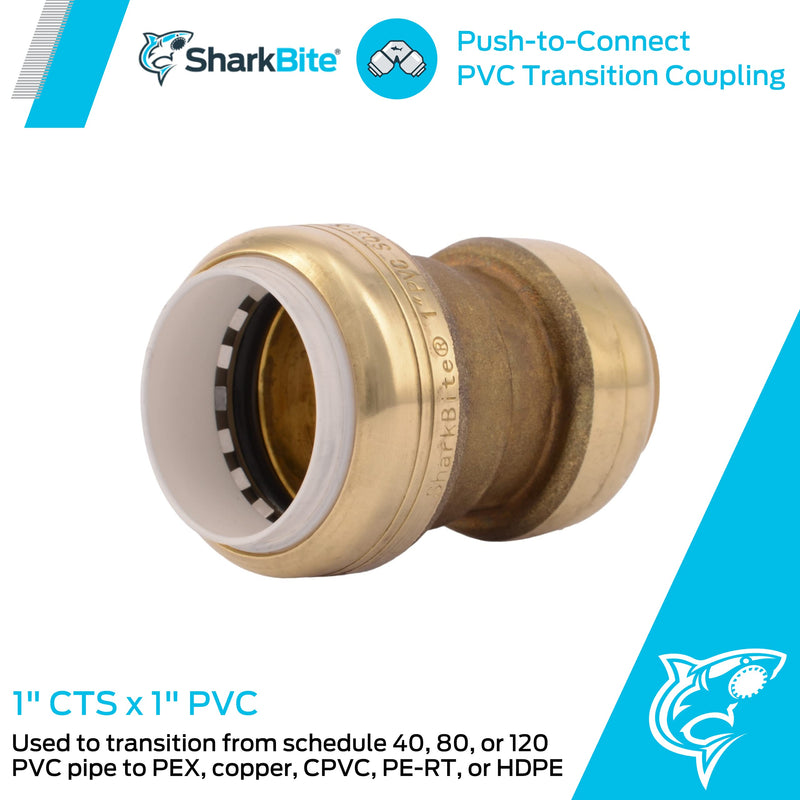 SharkBite 1 Inch CTS x 1 Inch PVC Transition Coupling, Push to Connect Brass Plumbing Fitting, PEX Pipe, Copper, CPVC, PE-RT, HDPE, UIP4020A 1 in. CST x 1 in. PVC