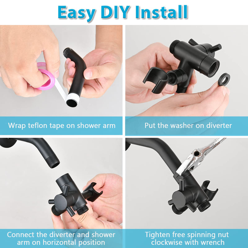 PDPBath Solid Brass 3 Way Shower Arm Diverter Valve with Handheld Holder for Dual Shower Heads with G1/2 Universal Connection - Matte Black